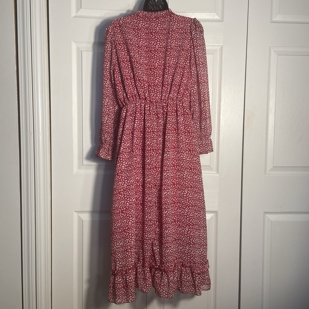 Red White Geometric Boho Dress Women XL Ruffles V Neck Chiffon Overlay Fairycore - Picture 3 of 11